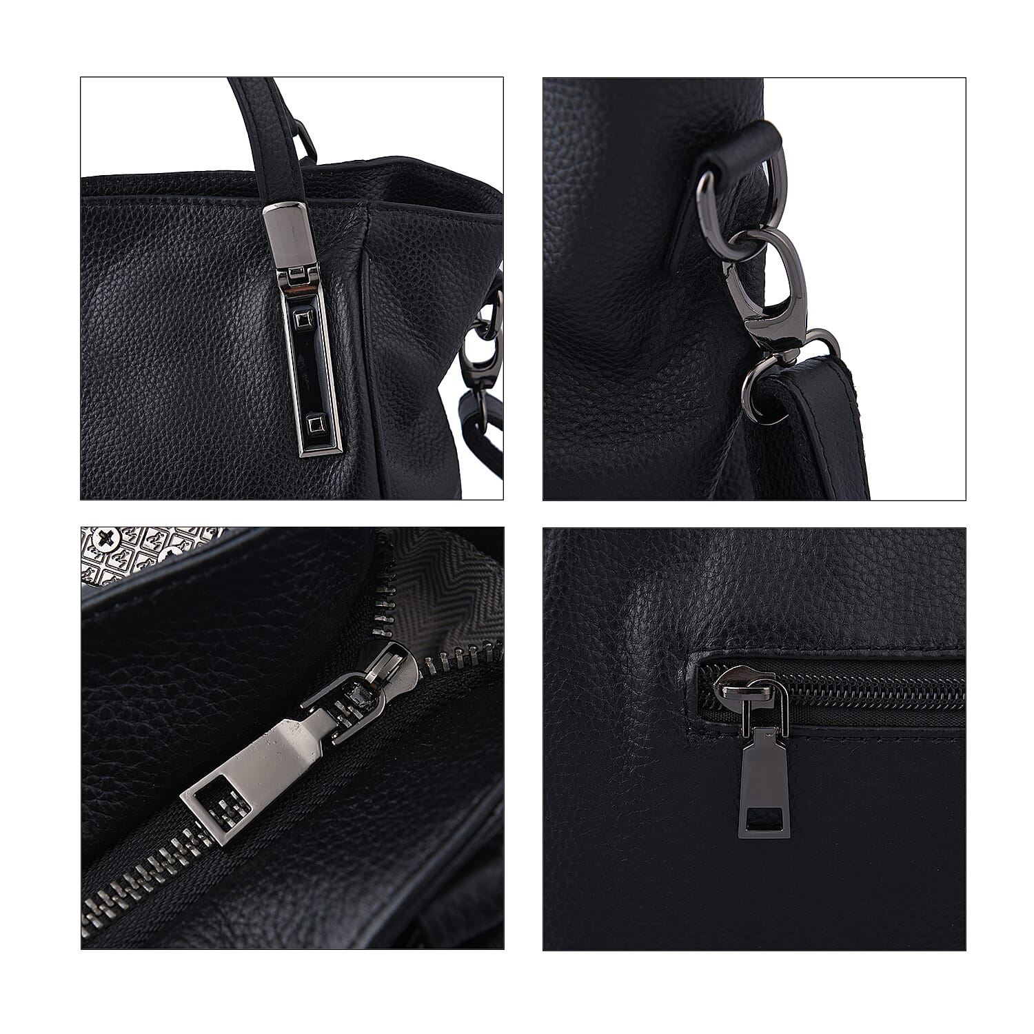 Black Genuine Leather Tote Bag with Handle and Shoulder Straps