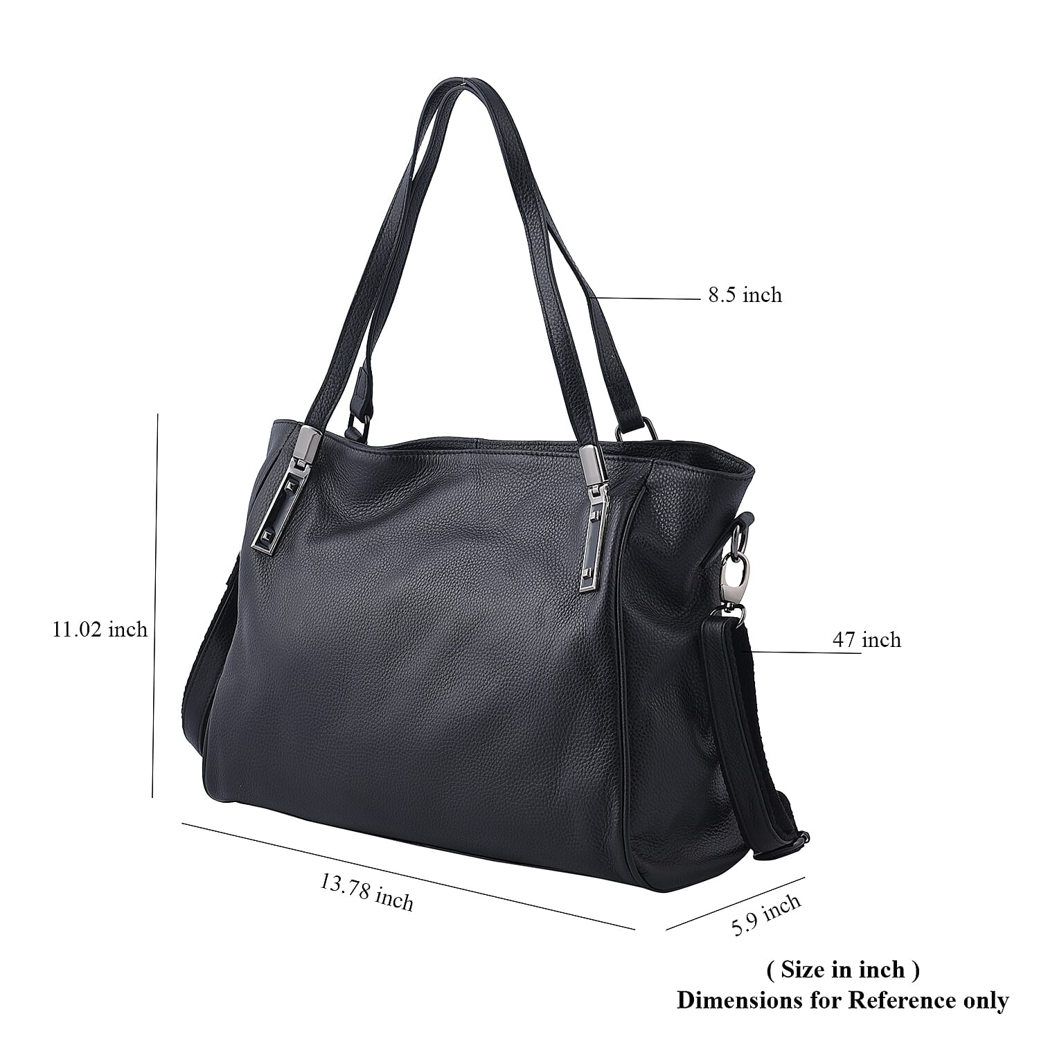 Black Genuine Leather Tote Bag with Handle and Shoulder Straps