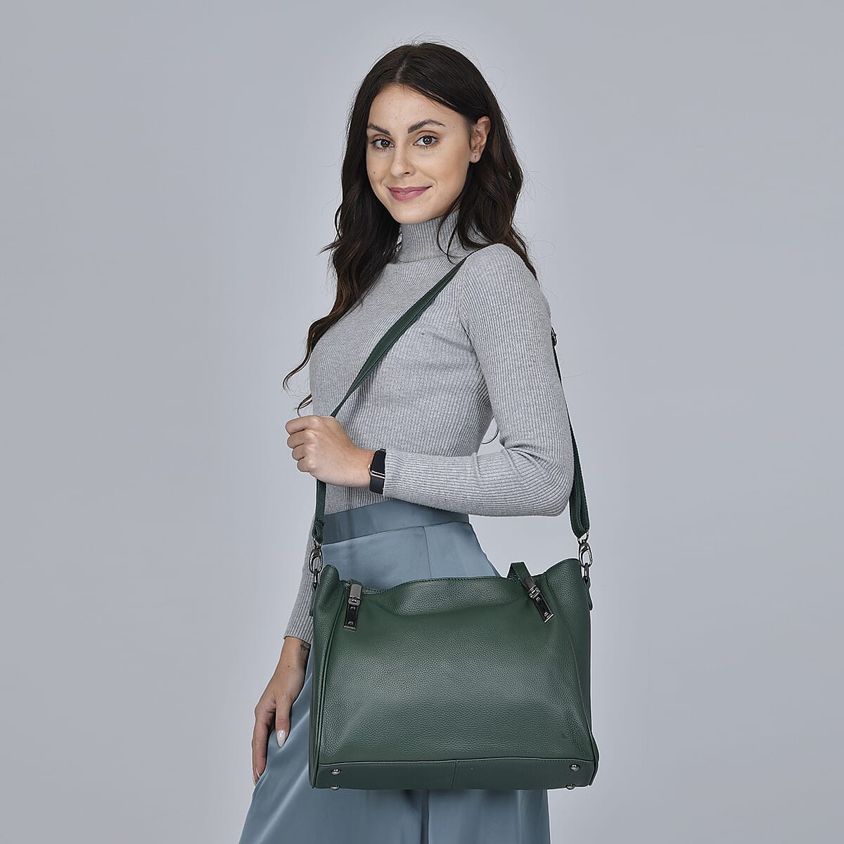 Green Genuine Leather Tote Bag with Handle and Shoulder Straps image number 1