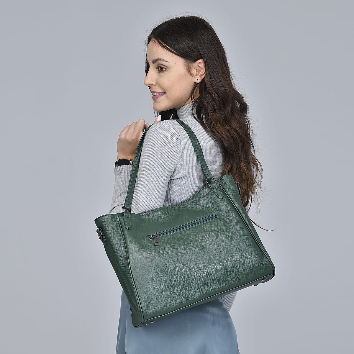 Green Genuine Leather Tote Bag with Handle and Shoulder Straps image number 2