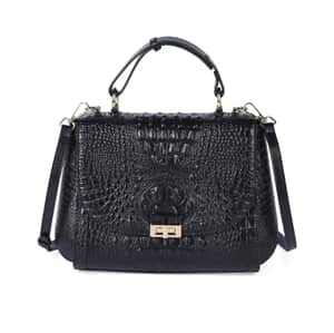 Black Embossed Crocodile Pattern Adjustable and Removable Shoulder Strap Genuine Leather Tote Bag with Handle Drop