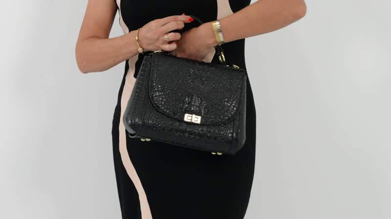 TLV ORDER Black Crocodile Embossed Pattern Genuine Leather Convertible Bag (12.5"x4.5"x8.8") with Handle Drop (4.5")