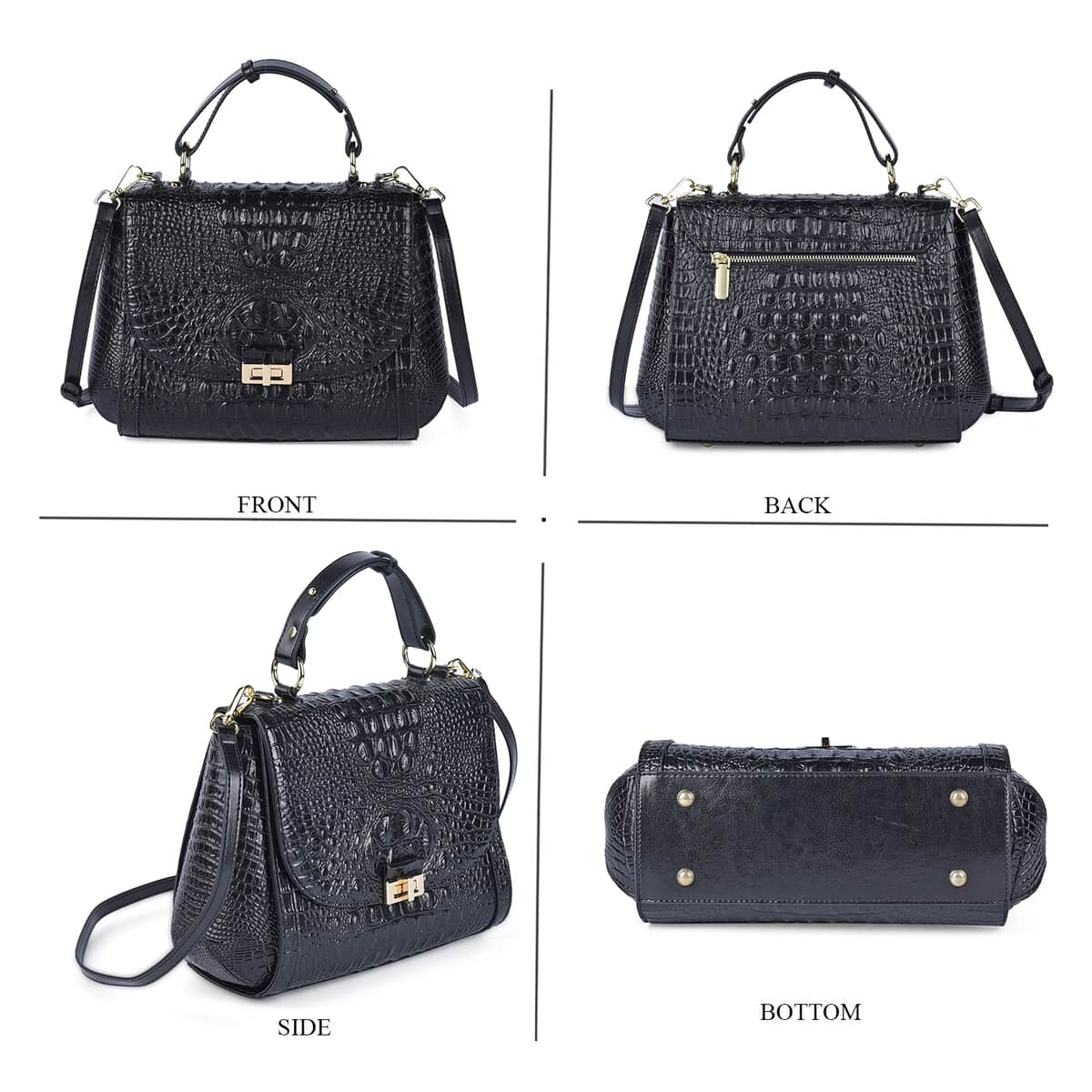Black Embossed Crocodile Pattern Adjustable and Removable Shoulder Strap Genuine Leather Tote Bag with Handle Drop image number 3
