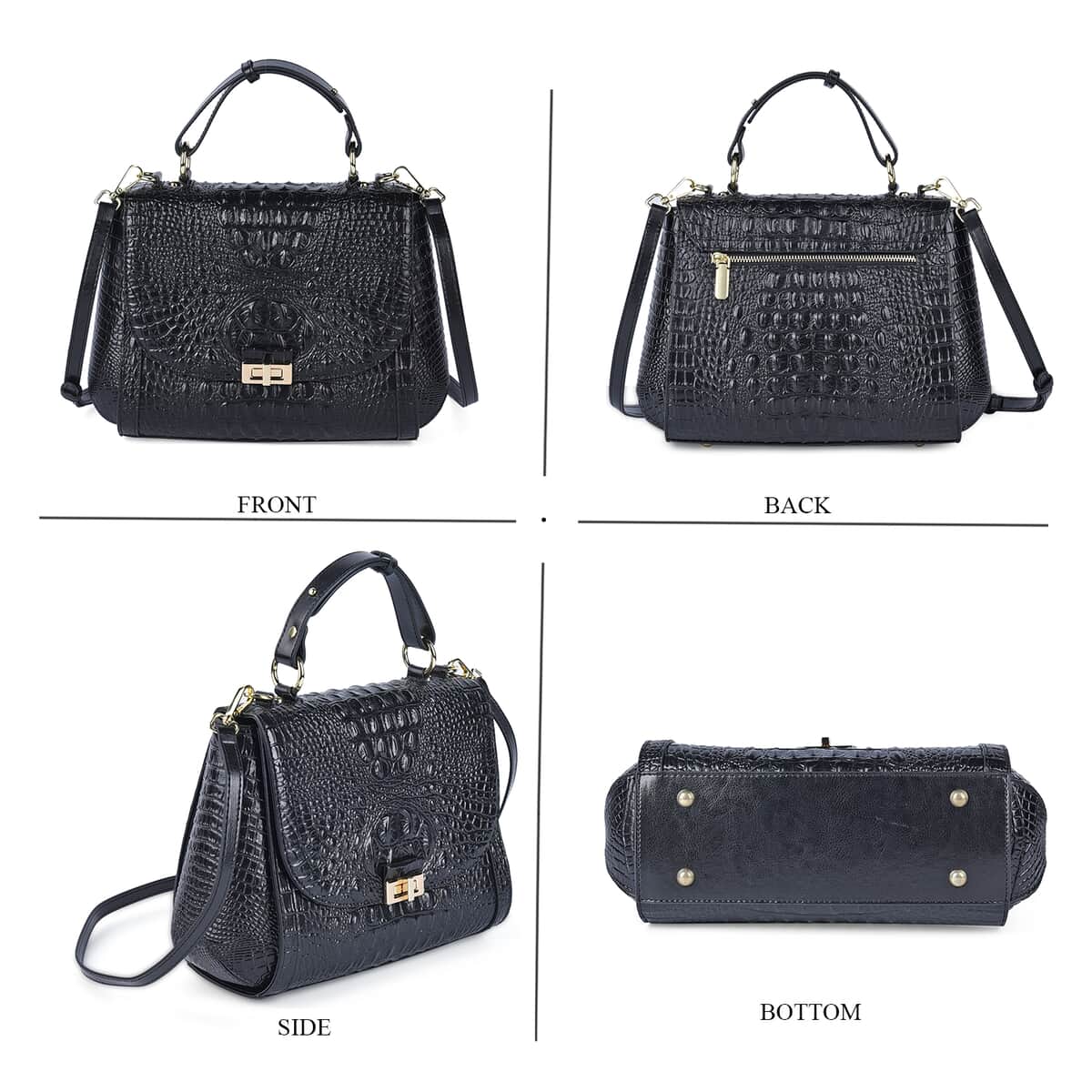 TLV ORDER Black Crocodile Embossed Pattern Genuine Leather Convertible Bag (12.5"x4.5"x8.8") with Handle Drop (4.5") image number 3