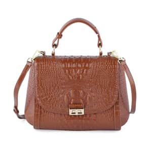 Brown Embossed Crocodile Pattern Adjustable and Removable Shoulder Strap Genuine Leather Tote Bag with Handle Drop