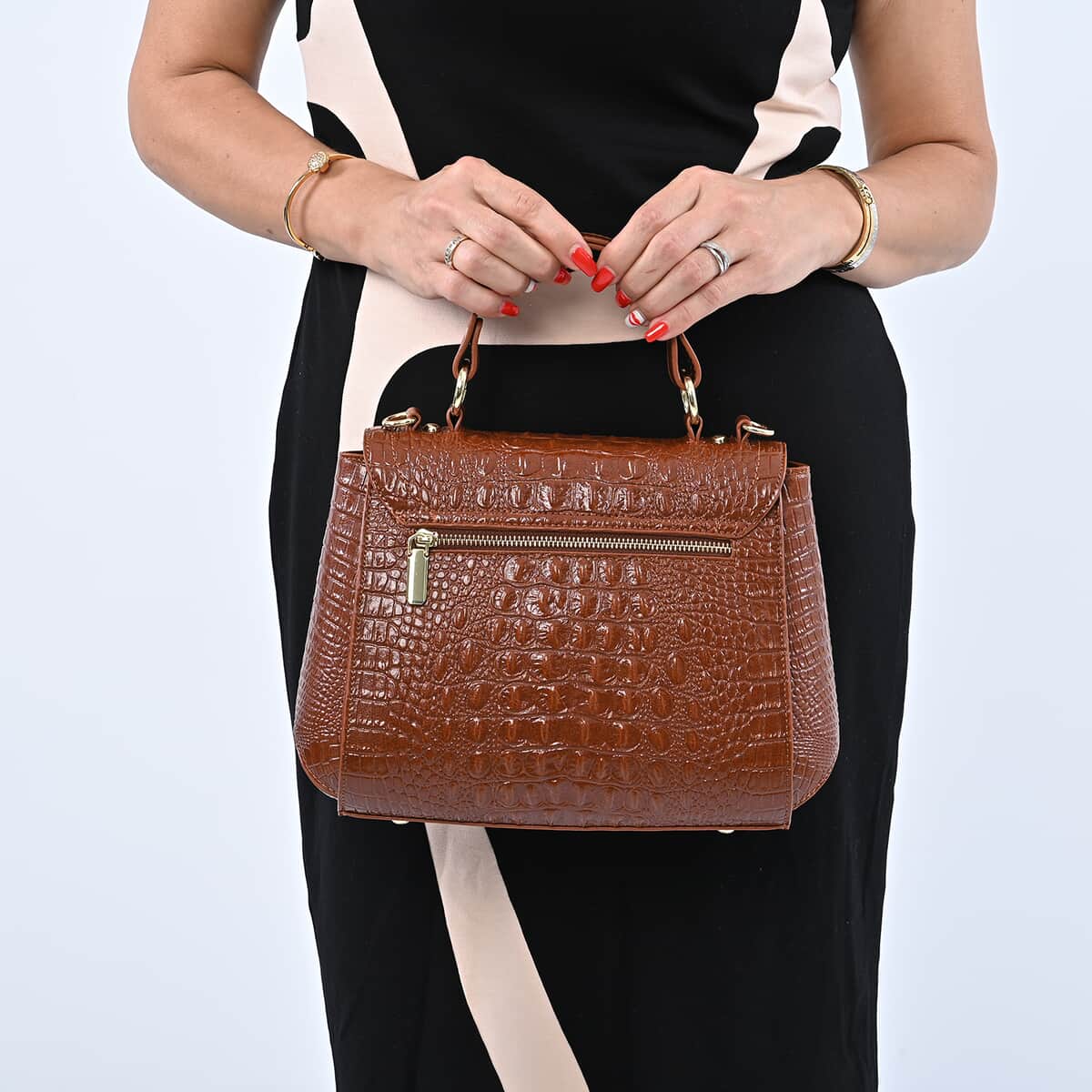 Brown Embossed Crocodile Pattern Adjustable and Removable Shoulder Strap Genuine Leather Tote Bag with Handle Drop image number 2