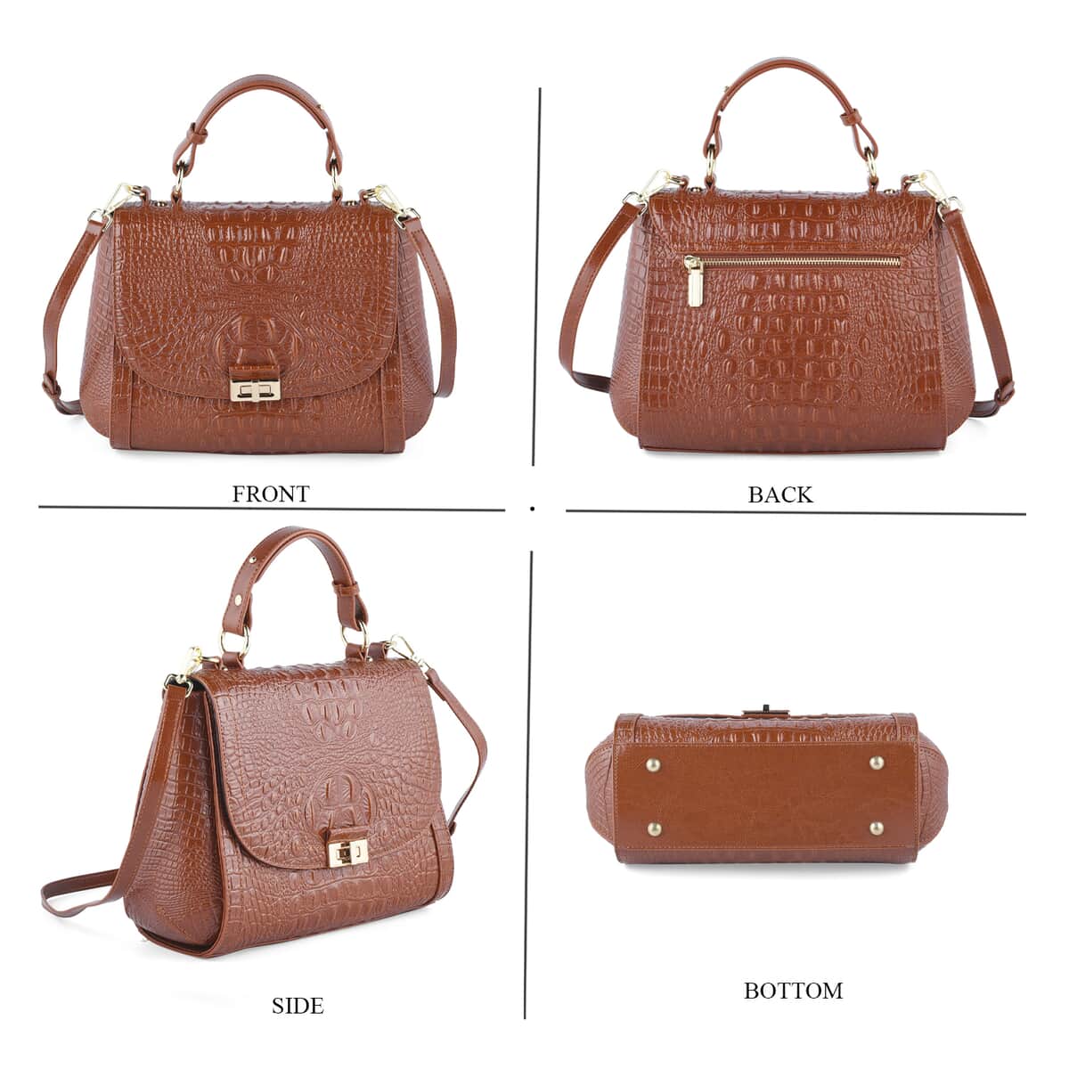 Brown Embossed Crocodile Pattern Adjustable and Removable Shoulder Strap Genuine Leather Tote Bag with Handle Drop image number 3