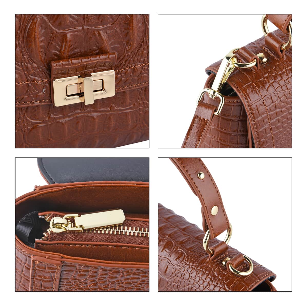 Brown Embossed Crocodile Pattern Adjustable and Removable Shoulder Strap Genuine Leather Tote Bag with Handle Drop image number 5