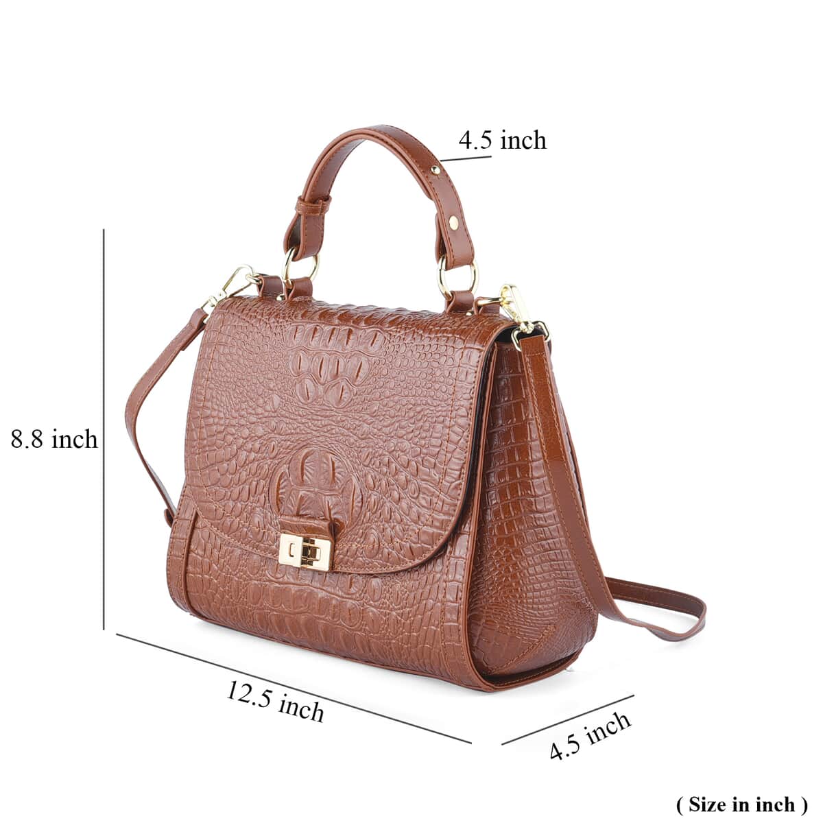 Brown Embossed Crocodile Pattern Adjustable and Removable Shoulder Strap Genuine Leather Tote Bag with Handle Drop image number 6