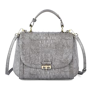 Gray Embossed Crocodile Pattern Adjustable and Removable Shoulder Strap Genuine Leather Tote Bag with Handle Drop