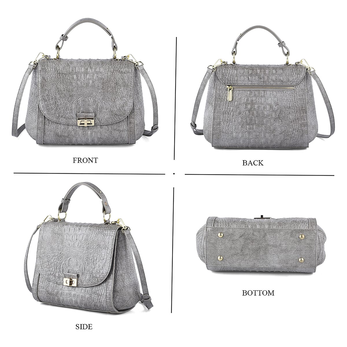 Gray Embossed Crocodile Pattern Adjustable and Removable Shoulder Strap Genuine Leather Tote Bag with Handle Drop image number 3