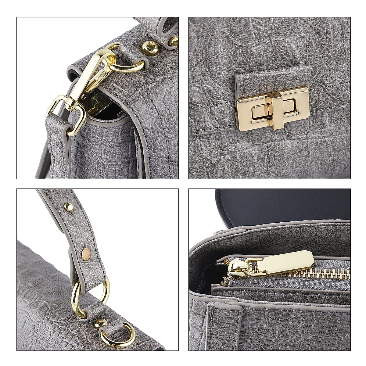 Gray Embossed Crocodile Pattern Adjustable and Removable Shoulder Strap Genuine Leather Tote Bag with Handle Drop image number 5
