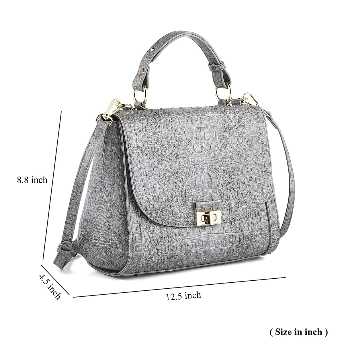 Gray Embossed Crocodile Pattern Adjustable and Removable Shoulder Strap Genuine Leather Tote Bag with Handle Drop image number 6