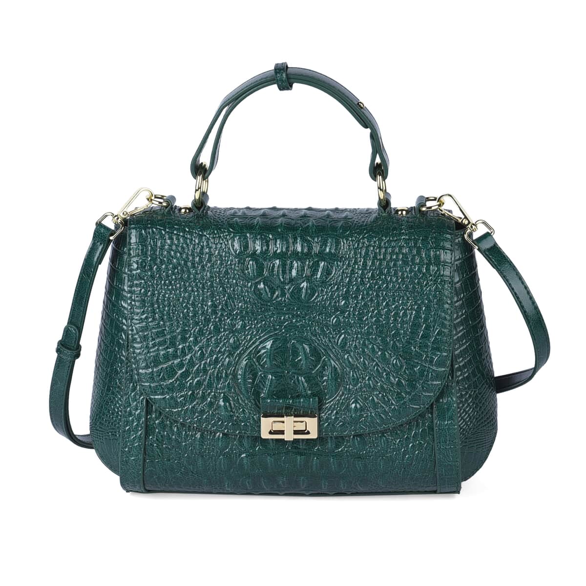 Green Embossed Crocodile Pattern Adjustable and Removable Shoulder Strap Genuine Leather Tote Bag with Handle Drop image number 0