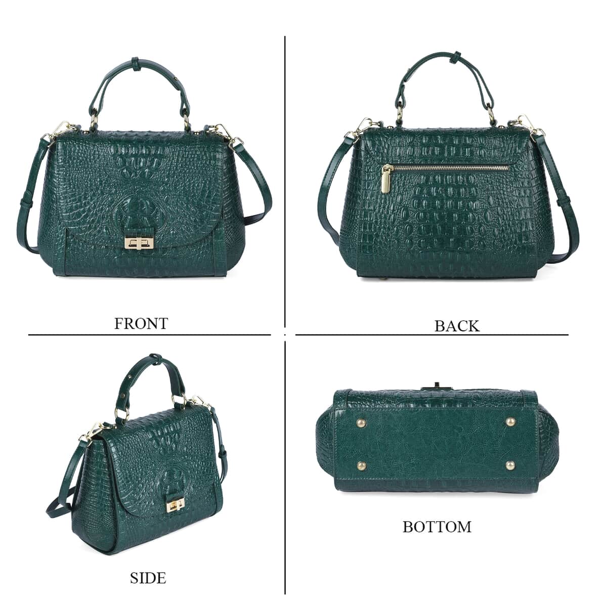 Green Embossed Crocodile Pattern Adjustable and Removable Shoulder Strap Genuine Leather Tote Bag with Handle Drop image number 3