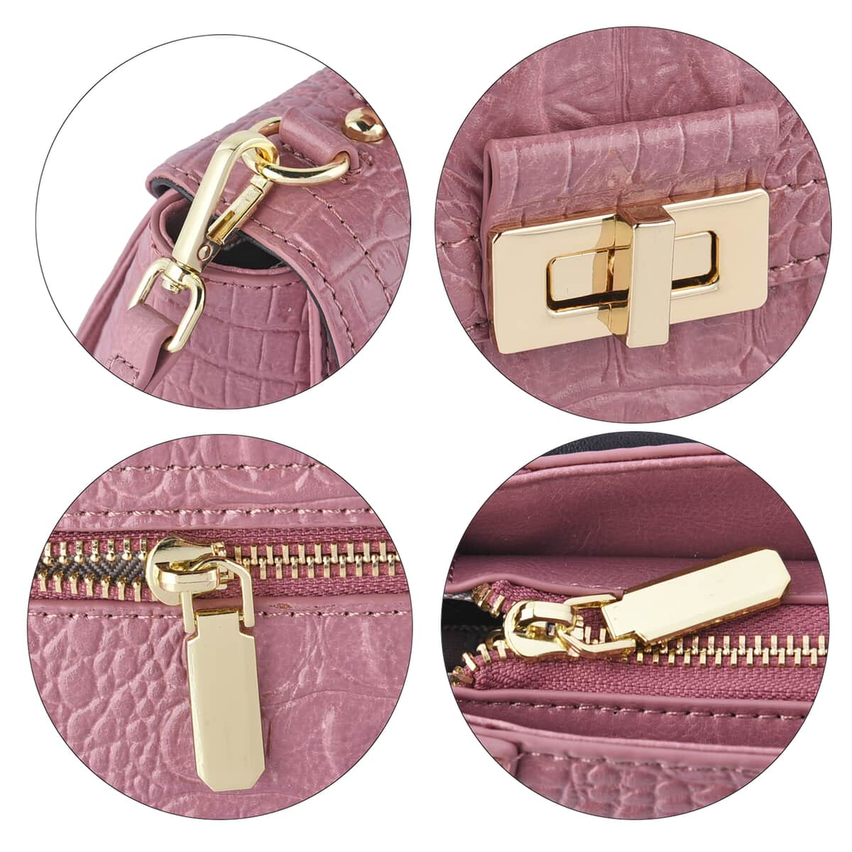 Pink Rose Embossed Crocodile Pattern Adjustable and Removable Shoulder Strap Genuine Leather Tote Bag with Handle Drop (12.5x3.5x8.8) image number 5