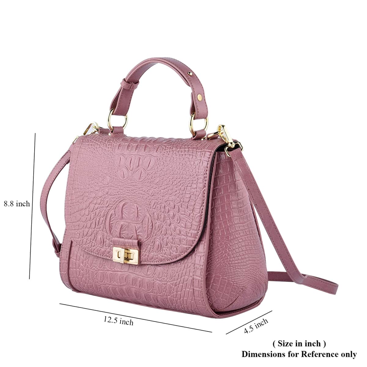 Pink Rose Embossed Crocodile Pattern Adjustable and Removable Shoulder Strap Genuine Leather Tote Bag with Handle Drop (12.5x3.5x8.8) image number 6