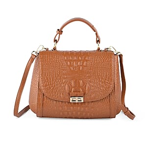 Camel Embossed Crocodile Pattern Adjustable and Removable Shoulder Strap Genuine Leather Tote Bag with Handle Drop