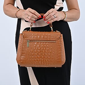 Camel Embossed Crocodile Pattern Adjustable and Removable Shoulder Strap Genuine Leather Tote Bag with Handle Drop