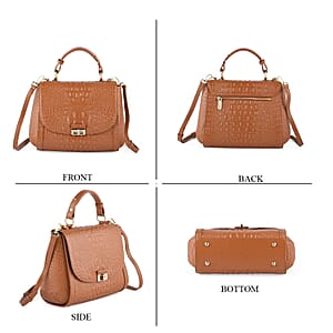 Camel Embossed Crocodile Pattern Adjustable and Removable Shoulder Strap Genuine Leather Tote Bag with Handle Drop