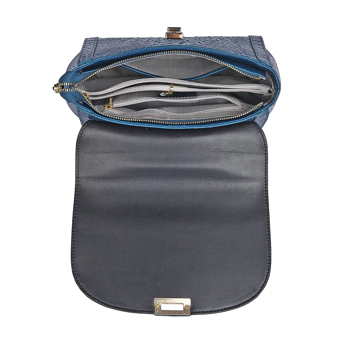 Teal Embossed Crocodile Pattern Adjustable and Removable Shoulder Strap Genuine Leather Tote Bag with Handle Drop image number 4