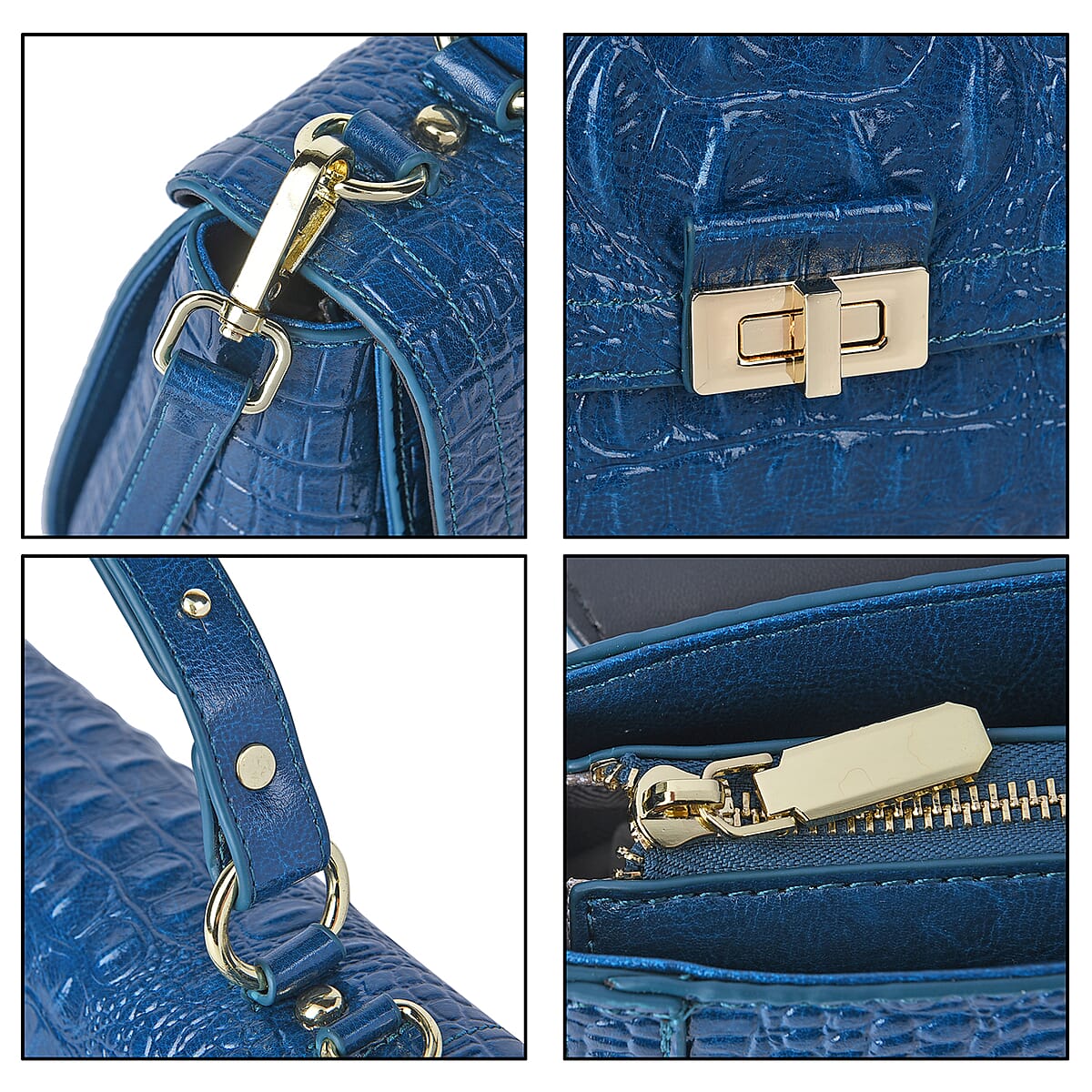 Teal Embossed Crocodile Pattern Adjustable and Removable Shoulder Strap Genuine Leather Tote Bag with Handle Drop image number 5