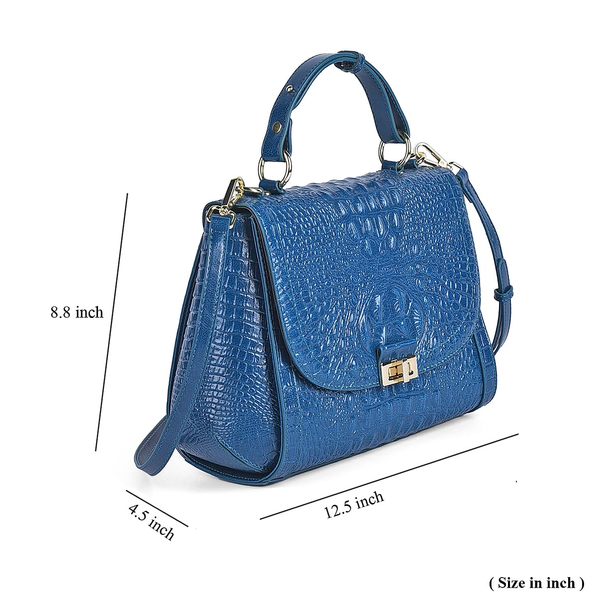Teal Embossed Crocodile Pattern Adjustable and Removable Shoulder Strap Genuine Leather Tote Bag with Handle Drop image number 6