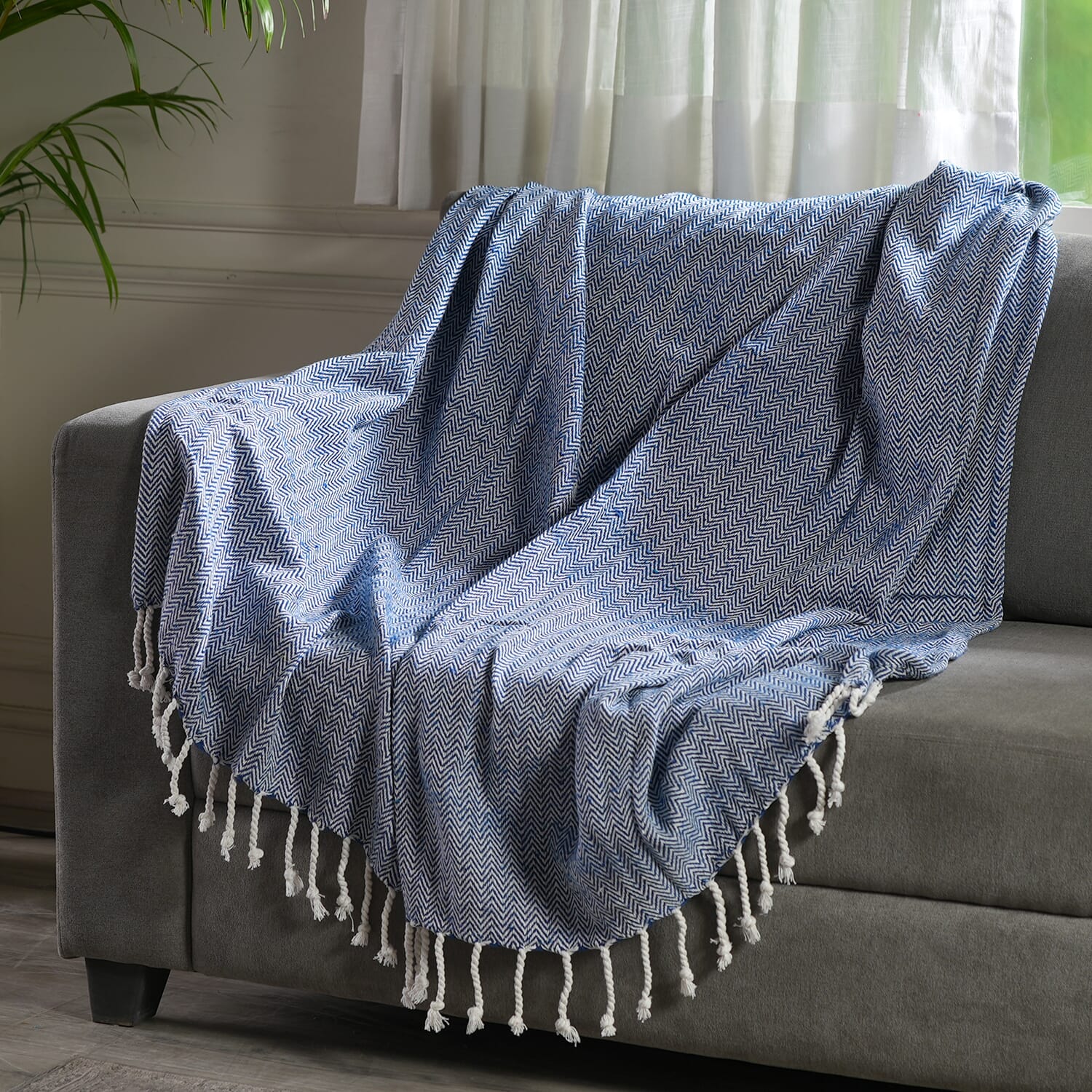 Buy Blue Chevron Pattern Cotton Woven Throw Blanket at ShopLC