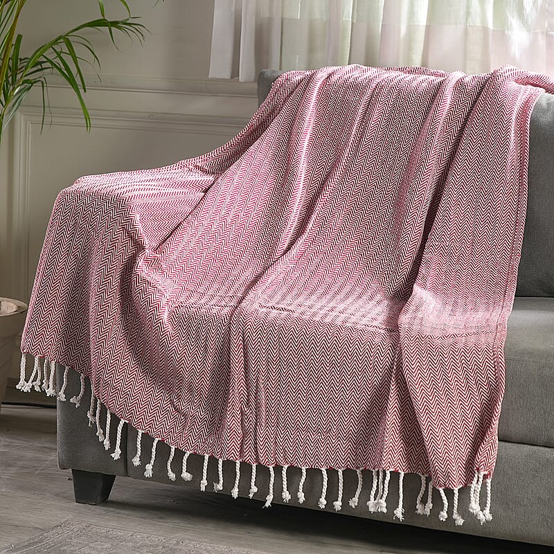 Red Chevron Pattern Cotton Woven Throw Blanket