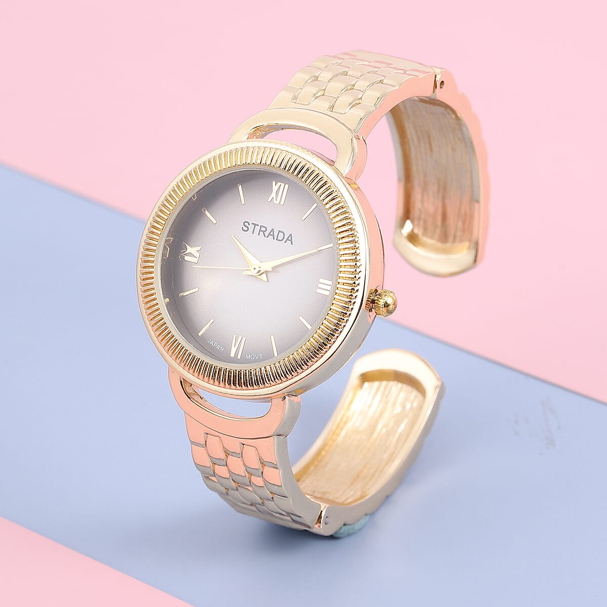 Strada Japanese Movement Bangle Watch with Black Dial in Goldtone (6.5-7.0In) image number 1