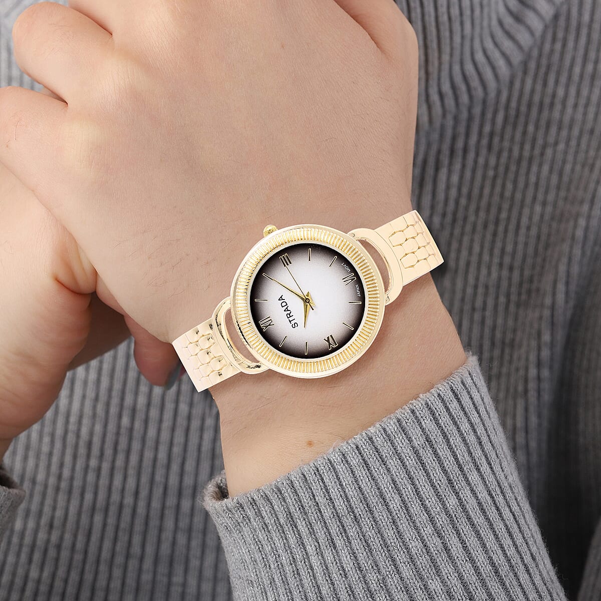 Strada Japanese Movement Bangle Watch with Black Dial in Goldtone (6.5-7.0In) image number 2