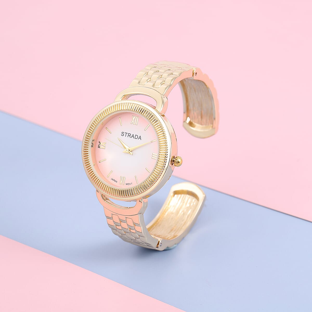 Strada Japanese Movement Bangle Watch with Pink Dial in Goldtone (6.5-7.0In) image number 1