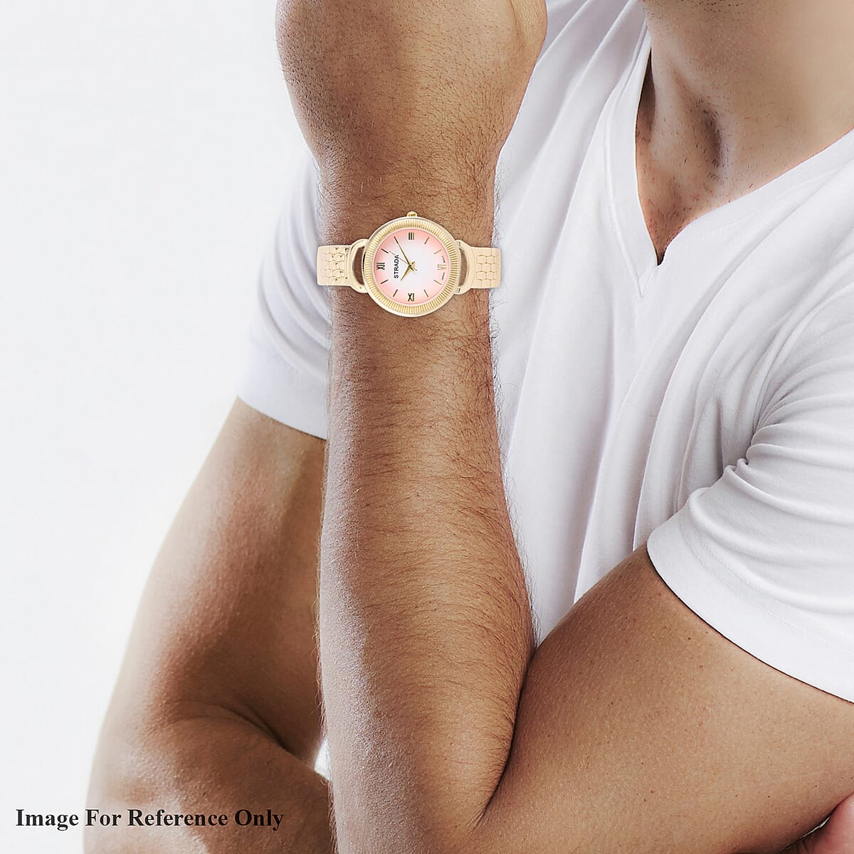 Strada Japanese Movement Bangle Watch with Pink Dial in Goldtone (6.5-7.0In) image number 2