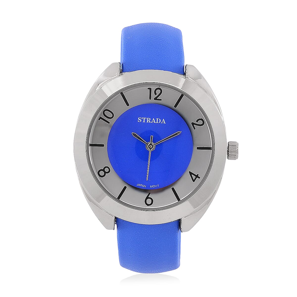 Strada Japanese Movement Blue Dial Cuff Bracelet Watch with Blue Faux Leather & Silvertone Strap (6-6.5 In) image number 0