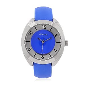 Strada Japanese Movement Blue Dial Cuff Bracelet Watch with Blue Faux Leather & Silvertone Strap (6-6.5 In)