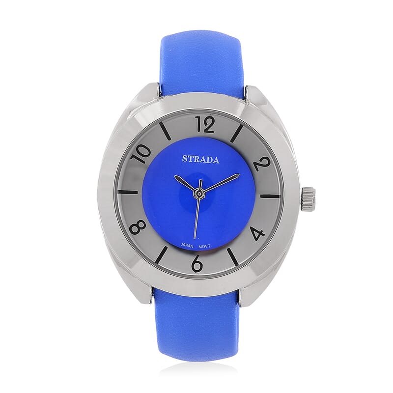 Strada Japanese Movement Blue Dial Cuff Bracelet Watch with Blue Faux Leather & Silvertone Strap (6-6.5 In)