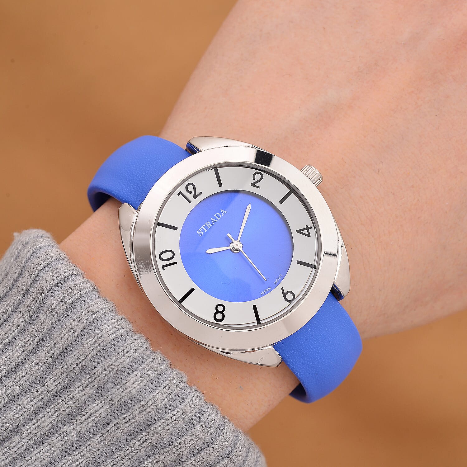Strada Japanese Movement Blue Dial Cuff Bracelet Watch with Blue Faux Leather & Silvertone Strap (6-6.5 In)