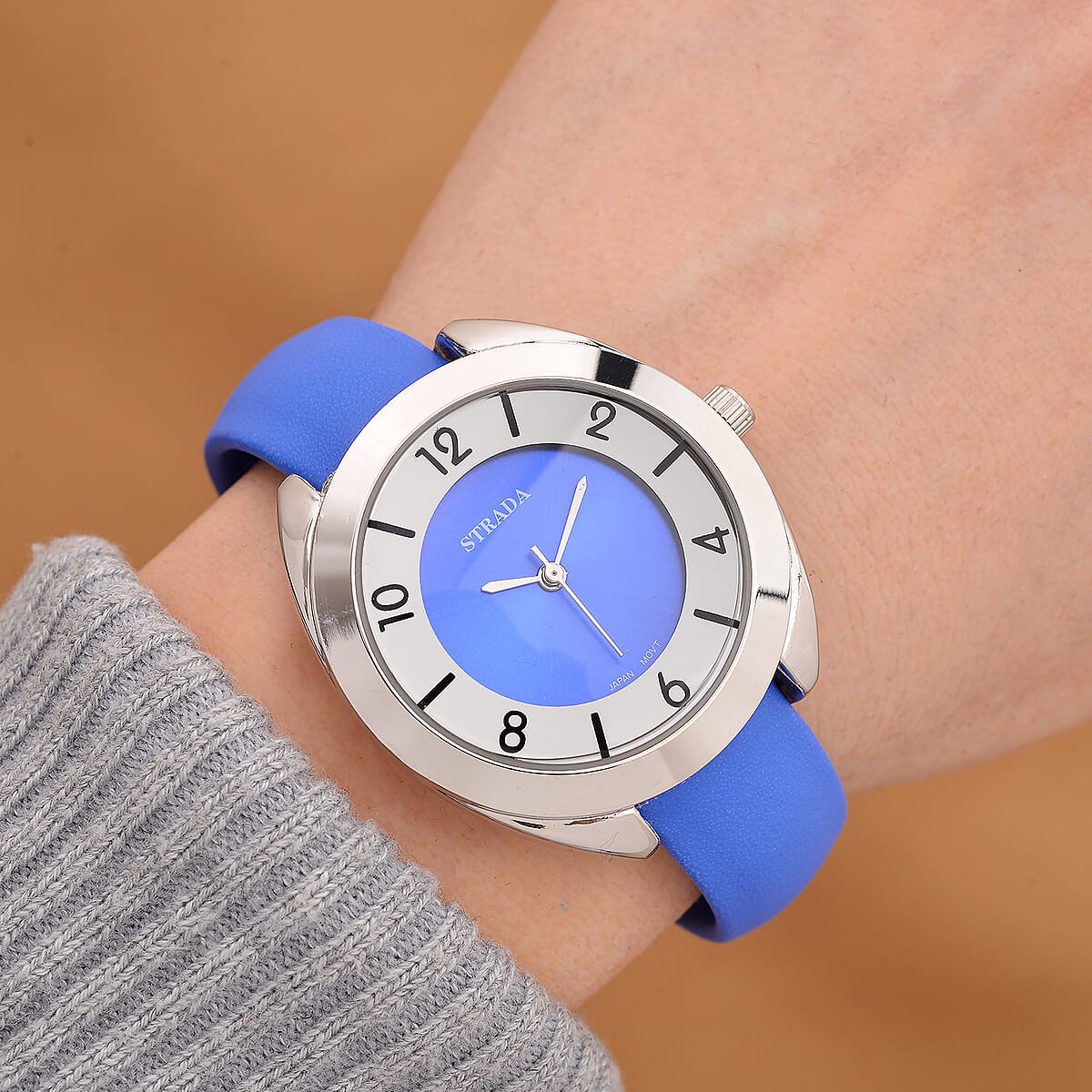 Strada Japanese Movement Blue Dial Cuff Bracelet Watch with Blue Faux Leather & Silvertone Strap (6-6.5 In) image number 1