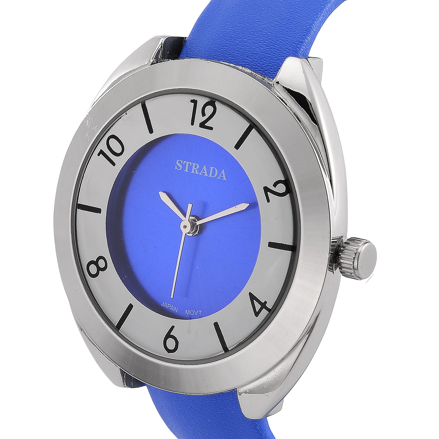 Strada Japanese Movement Blue Dial Cuff Bracelet Watch with Blue Faux Leather & Silvertone Strap (6-6.5 In)