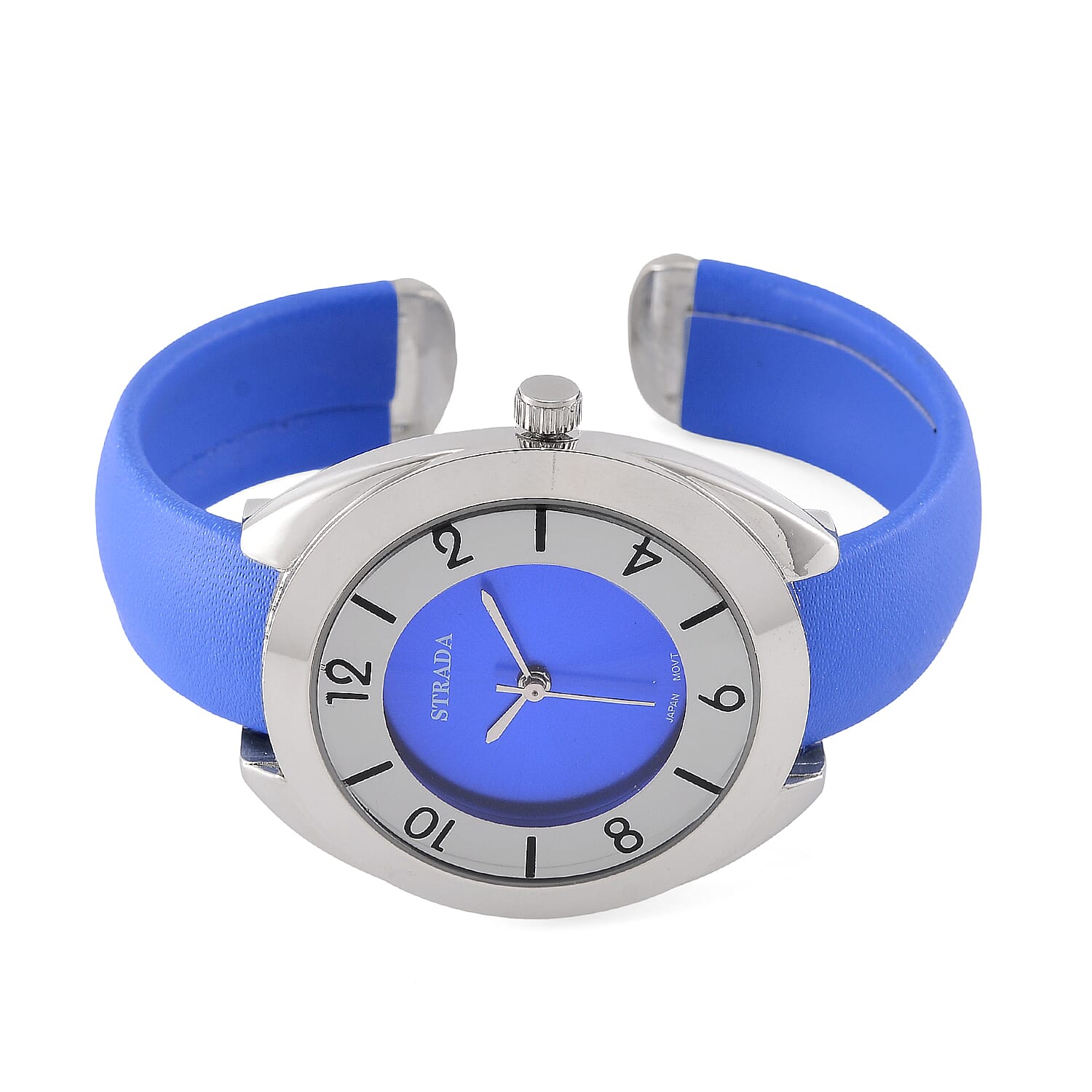Strada Japanese Movement Blue Dial Cuff Bracelet Watch with Blue Faux Leather & Silvertone Strap (6-6.5 In)