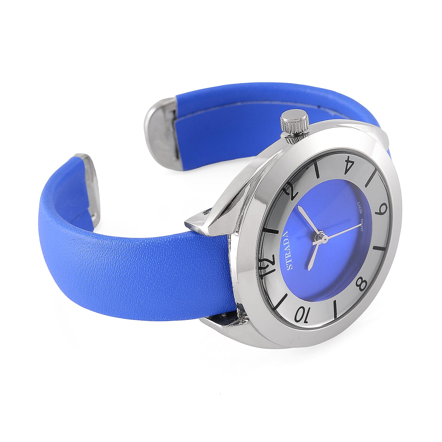 Strada Japanese Movement Blue Dial Cuff Bracelet Watch with Blue Faux Leather & Silvertone Strap (6-6.5 In)