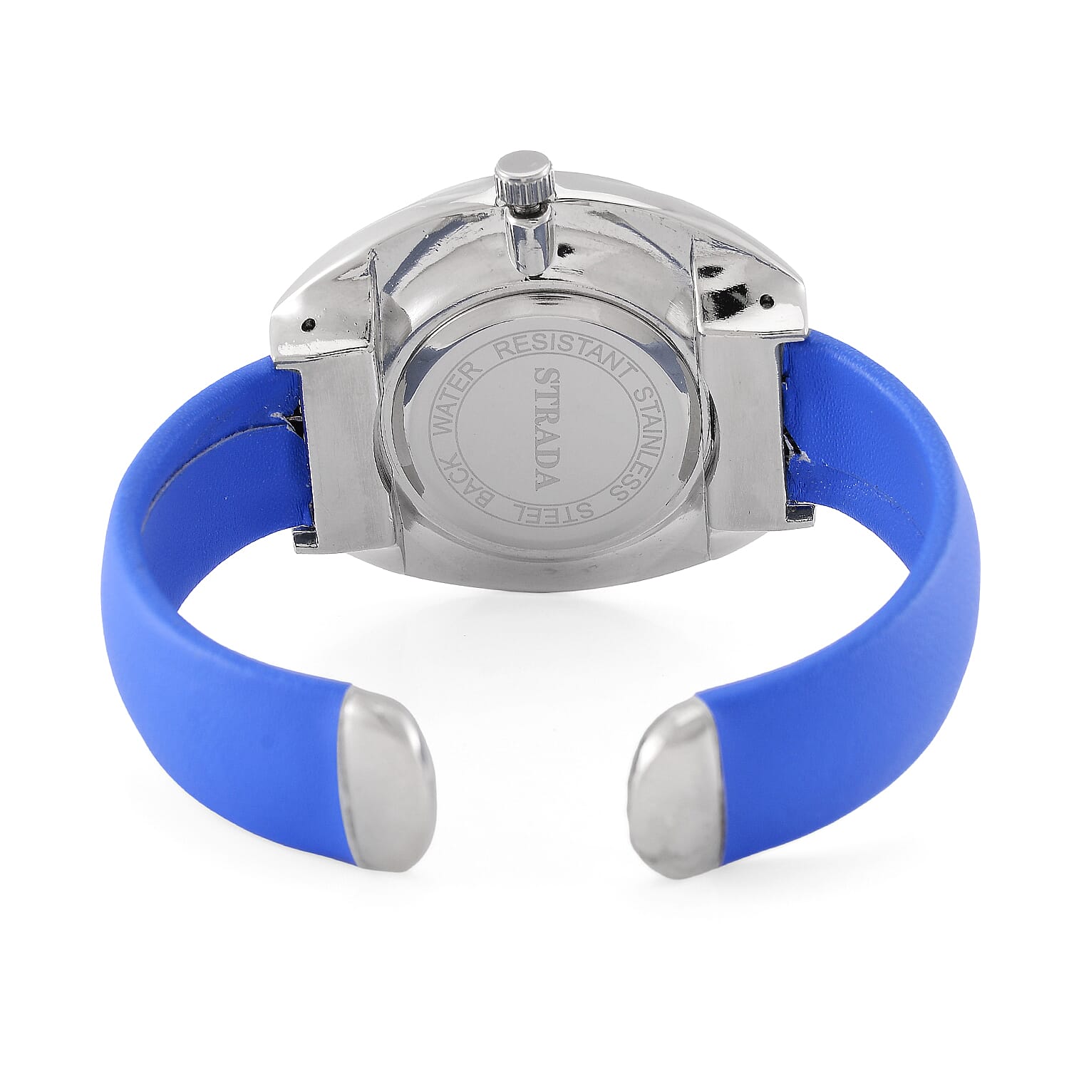 Strada Japanese Movement Blue Dial Cuff Bracelet Watch with Blue Faux Leather & Silvertone Strap (6-6.5 In)