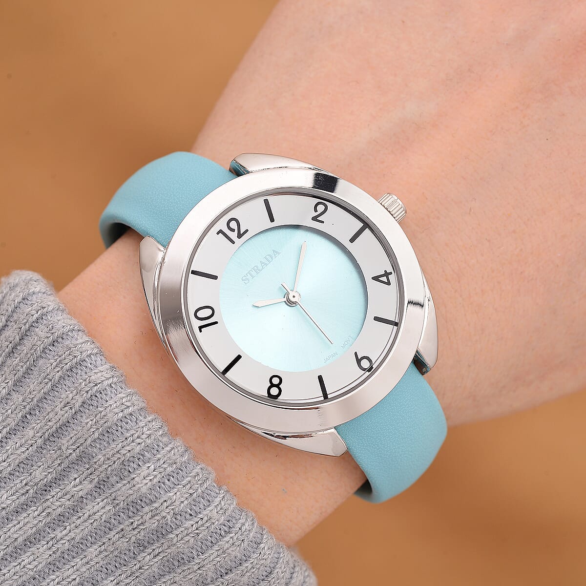 Strada Japanese Movement Green Dial Cuff Bracelet Watch with Green Faux Leather & Silvertone Strap (6-6.5 In) image number 1