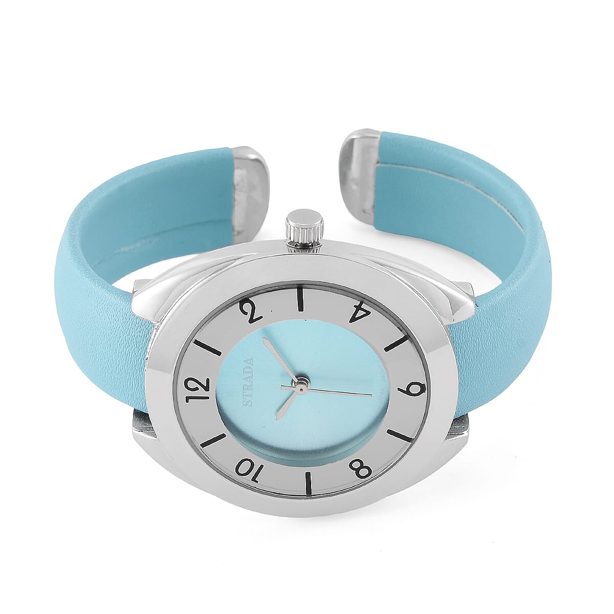 Strada Japanese Movement Green Dial Cuff Bracelet Watch with Green Faux Leather & Silvertone Strap (6-6.5 In) image number 3