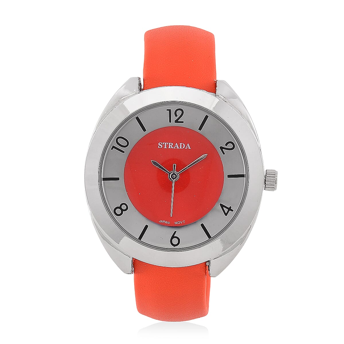 Strada Japanese Movement Orange Red Dial Cuff Bracelet Watch with Orange Red Faux Leather & Silvertone Strap (6-6.5 In) image number 0