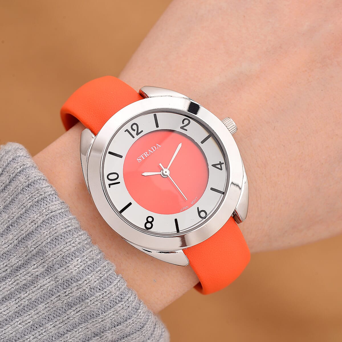 Strada Japanese Movement Orange Red Dial Cuff Bracelet Watch with Orange Red Faux Leather & Silvertone Strap (6-6.5 In) image number 1