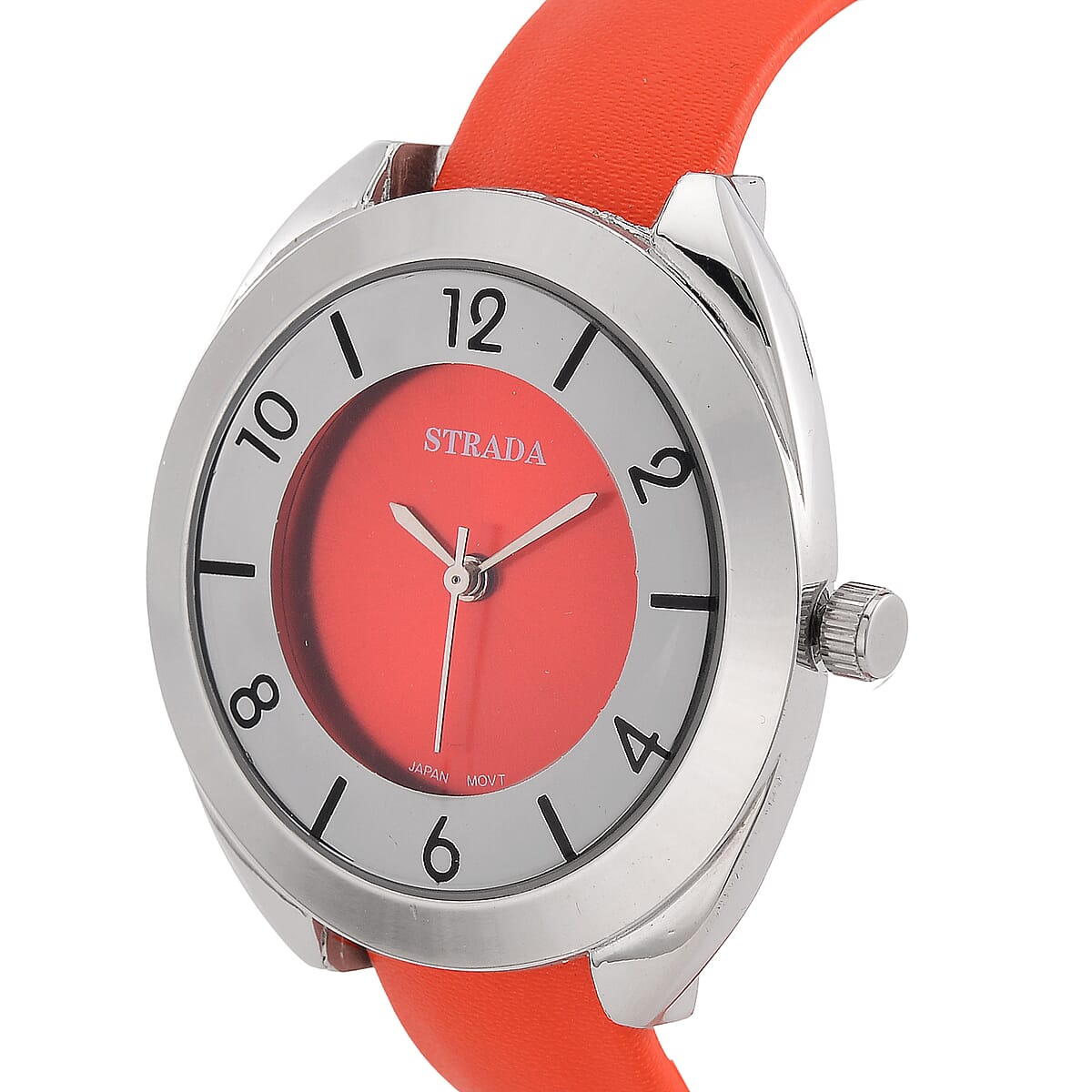 Strada Japanese Movement Orange Red Dial Cuff Bracelet Watch with Orange Red Faux Leather & Silvertone Strap (6-6.5 In) image number 2
