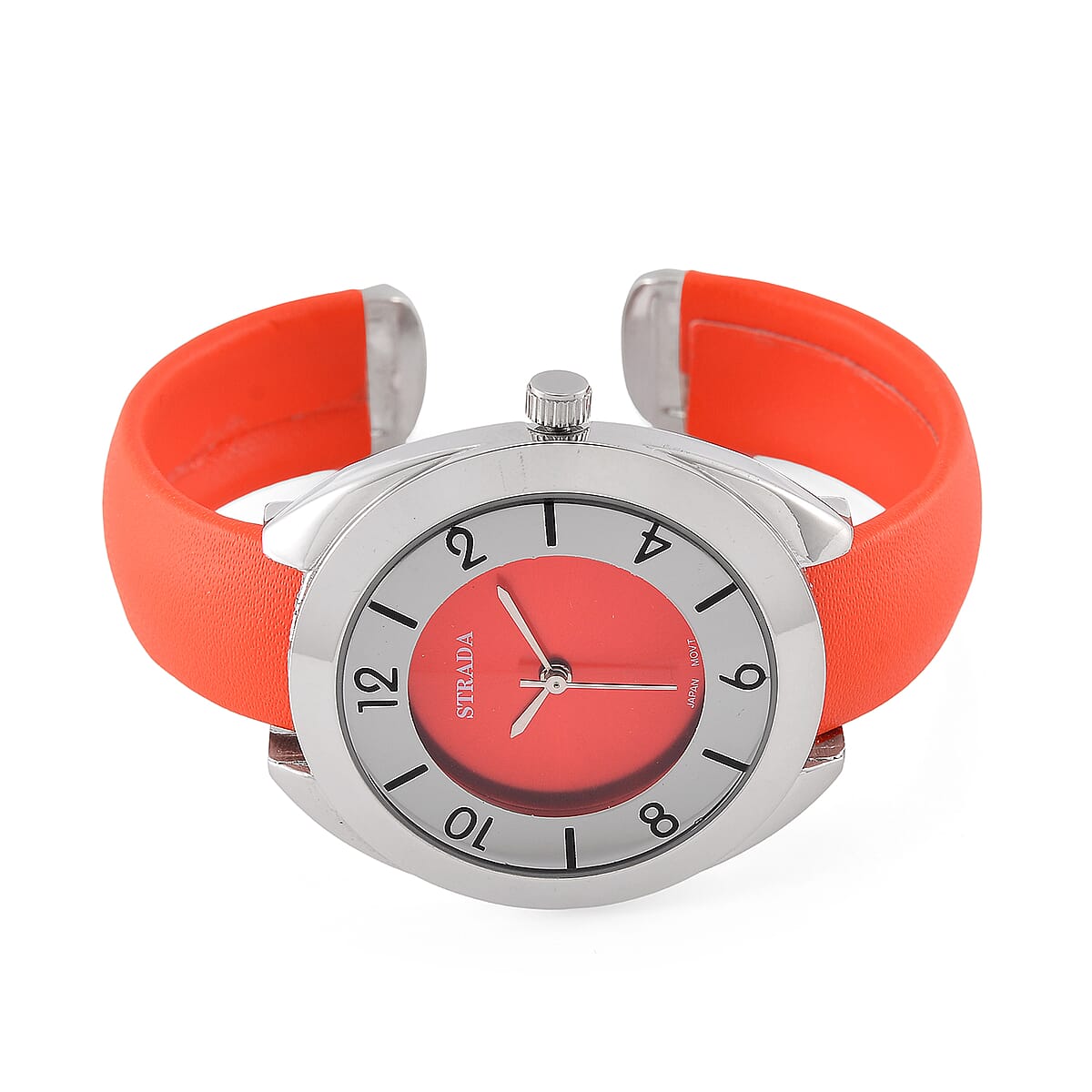 Strada Japanese Movement Orange Red Dial Cuff Bracelet Watch with Orange Red Faux Leather & Silvertone Strap (6-6.5 In) image number 3