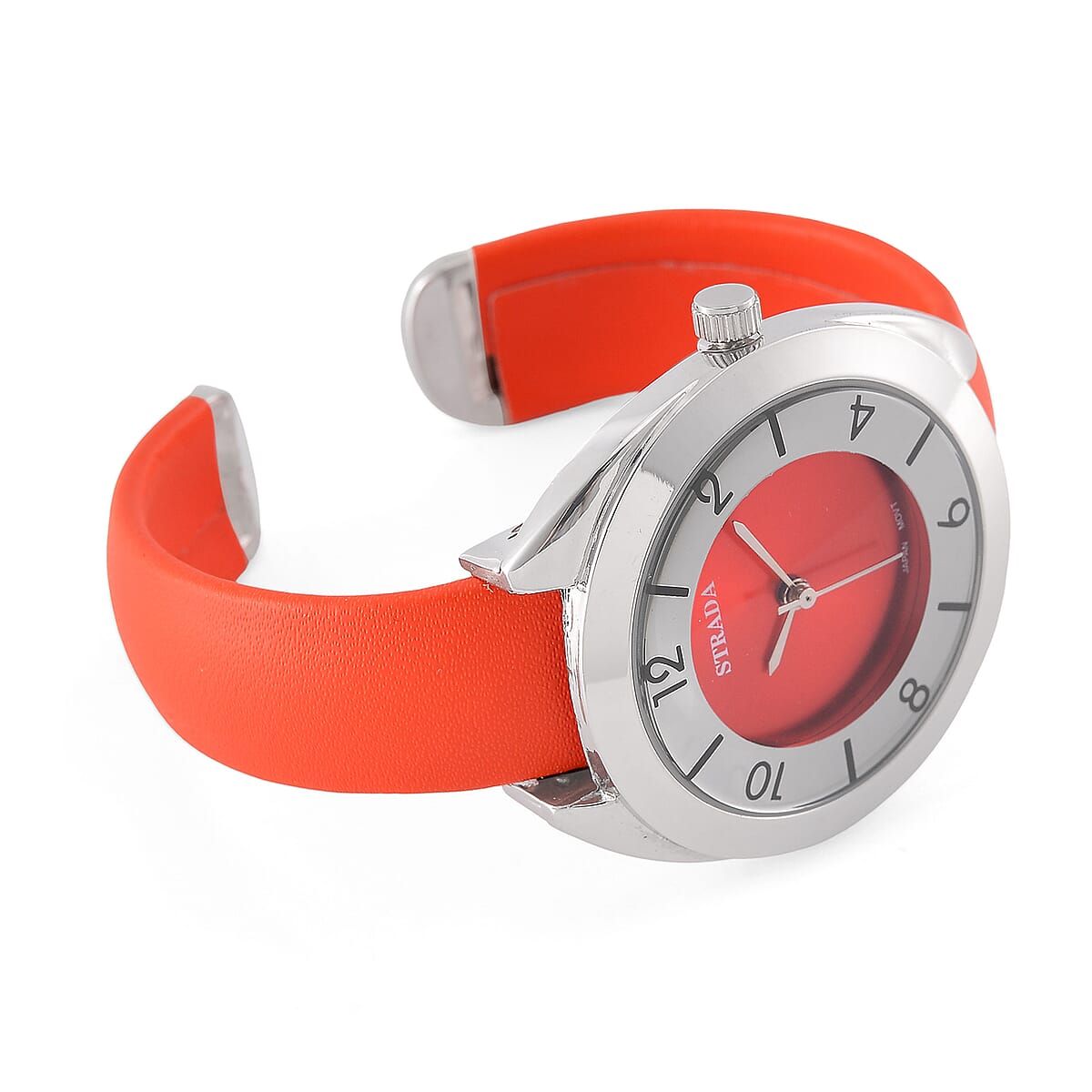 Strada Japanese Movement Orange Red Dial Cuff Bracelet Watch with Orange Red Faux Leather & Silvertone Strap (6-6.5 In) image number 4