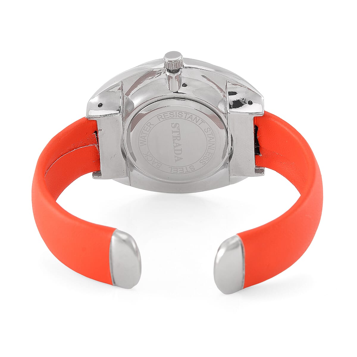 Strada Japanese Movement Orange Red Dial Cuff Bracelet Watch with Orange Red Faux Leather & Silvertone Strap (6-6.5 In) image number 5